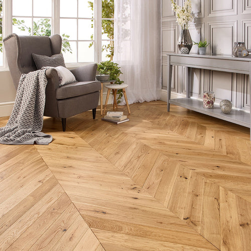 Argyle honey engineered European oak chevron parquet flooring — The Brockwood Collection, Lusso Flooring