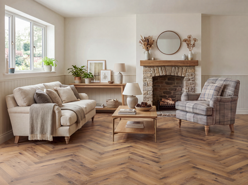 Ashdown smoked oak luxury vinyl herringbone flooring — The Loggia Collection, Lusso Flooring
