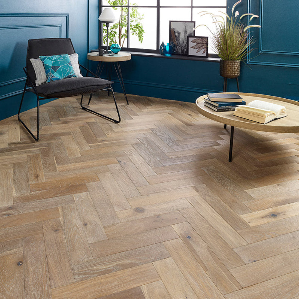 Houndstooth grey engineered European oak herringbone flooring — The Brockwood Collection, Lusso Flooring