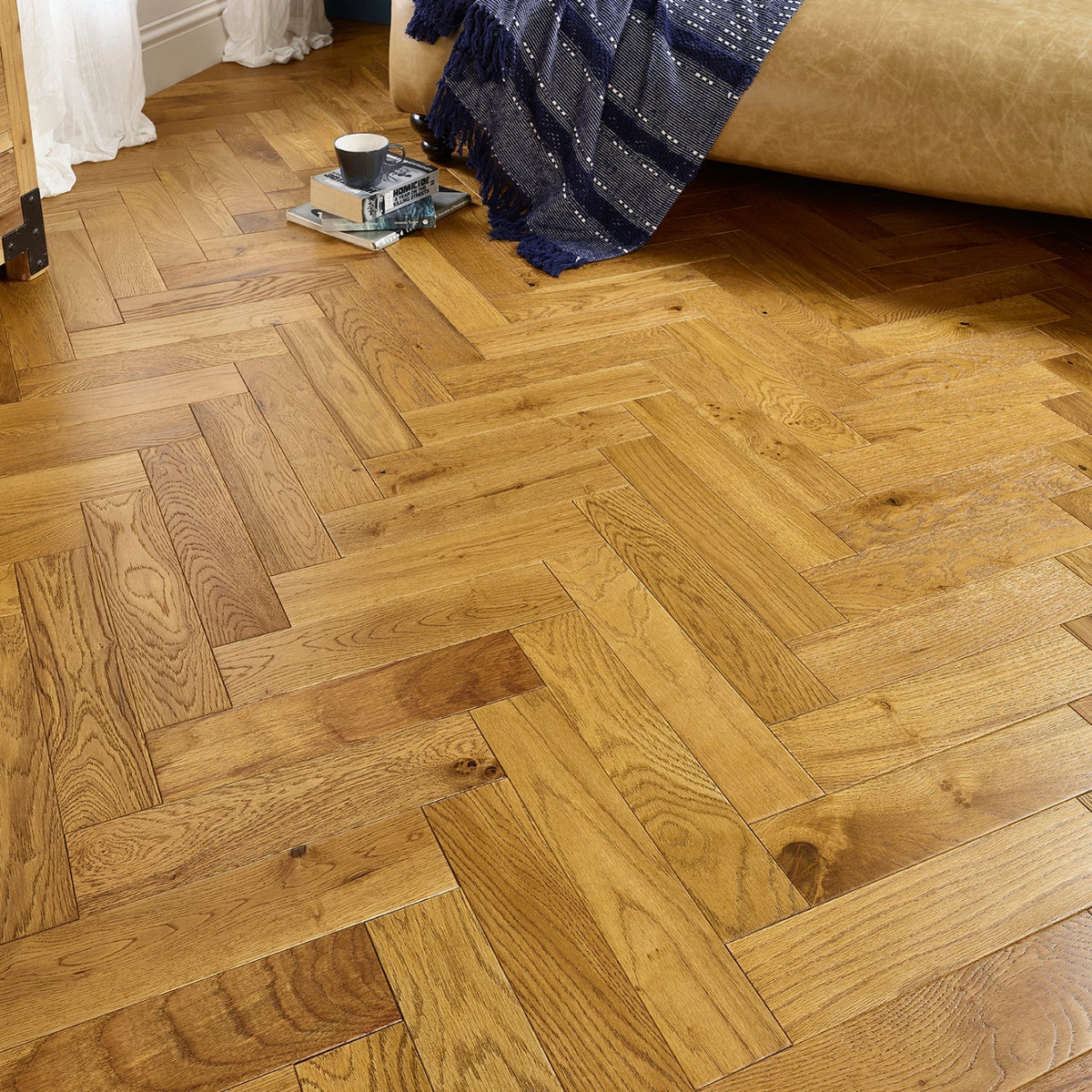 Moire honey engineered European oak herringbone flooring — The Brockwood Collection, Lusso Flooring