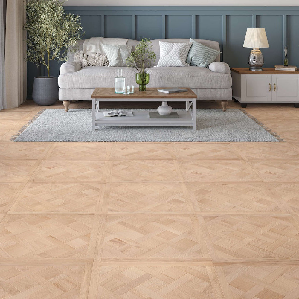 Pongee unfinished engineered European oak Versailles parquet panel flooring — The Brockwood Collection, Lusso Flooring