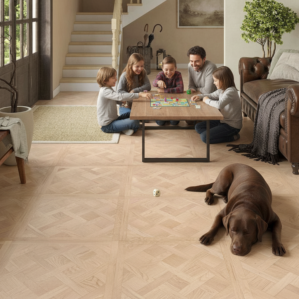 Shantung natural engineered European oak Versailles parquet panel flooring — The Brockwood Collection, Lusso Flooring