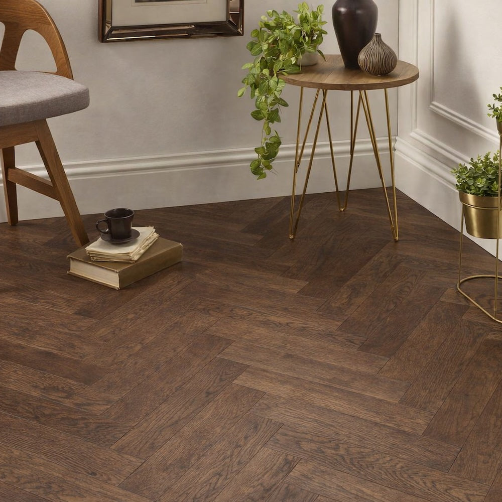 Toile smoked engineered European oak herringbone flooring — The Brockwood Collection, Lusso Flooring